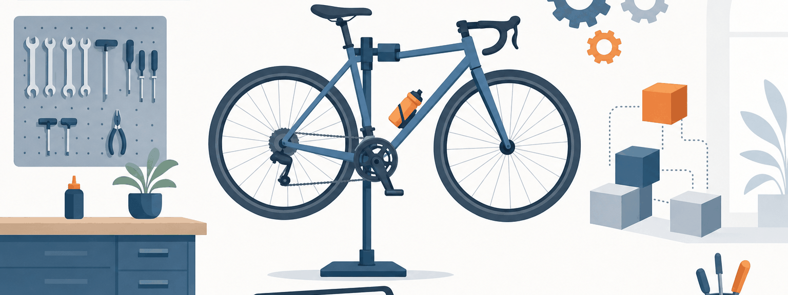 Fahrradwerkstatt mit Montagest&auml;nder, Zahnr&auml;dern und Bausteinen